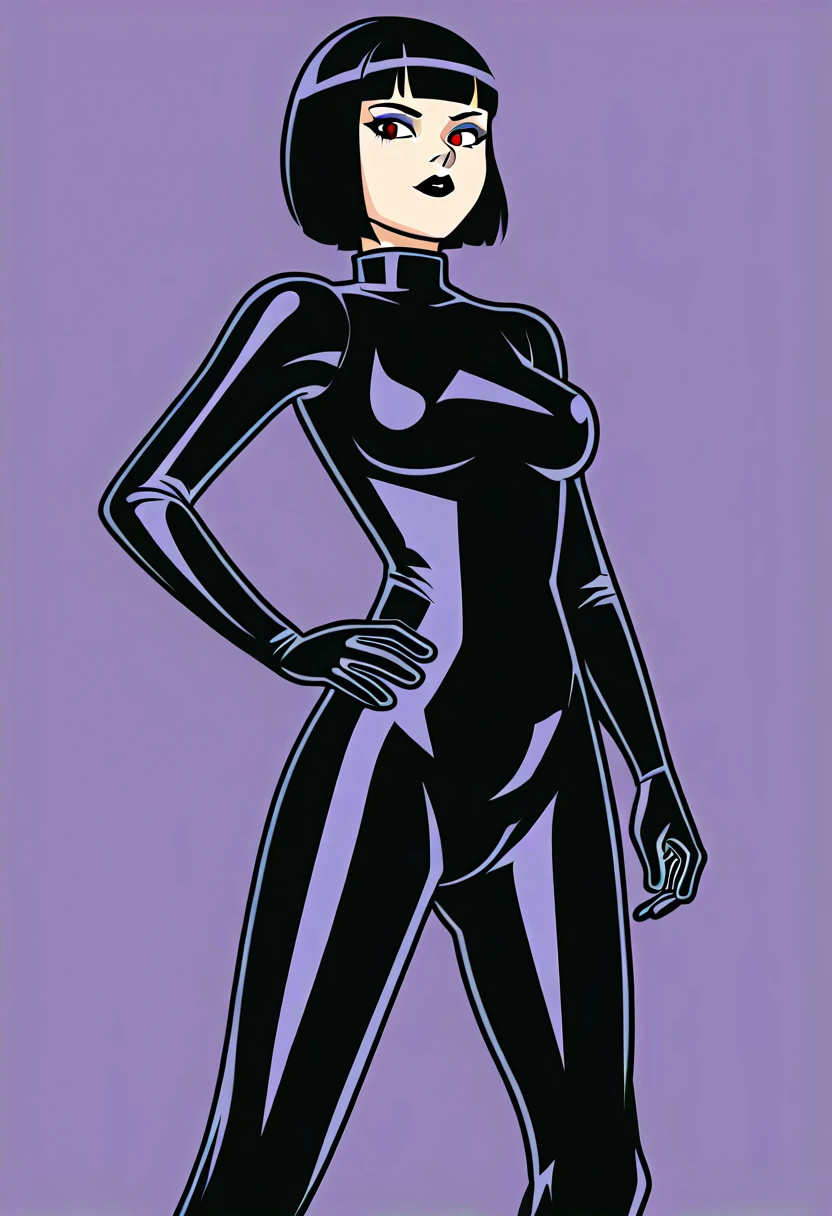 ((1girl, solo)), light skin, red eyes, black hair, bob cut, blunt bangs, short hair, ((turtleneck, skin tight leotard, latex leotard, black lipstick, black eyeshadow)), ((long sleeve leotard, highleg leotard, black leotard, cameltoe, bare legs, black boots)), serious face, hands on hips, standing, full body, ((seen from below, dynamic angle))