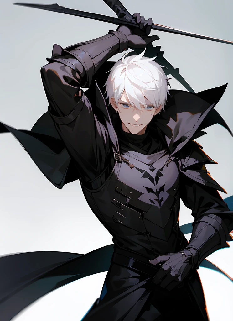 1 , handsome fashion hair,black hair highlight white hair, fanstasy, smile face, male ,fantasy, reaper, hunter with blackshortsword, villian face, short hair black armor , darkness wolrd, bad