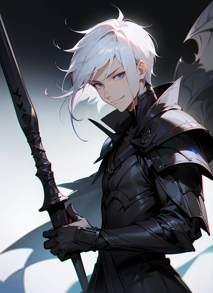 1 , handsome fashion hair,black hair highlight white hair, fanstasy, smile face, male ,fantasy, reaper, hunter with blackshortsword, villian face, short hair black armor , darkness wolrd, bad