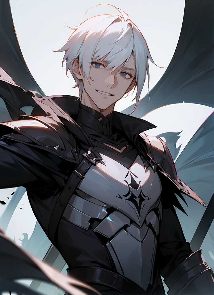 1 , handsome fashion hair,black hair highlight white hair, fanstasy, smile face, male ,fantasy, reaper, hunter with blackshortsword, villian face, short hair black armor , darkness wolrd, bad