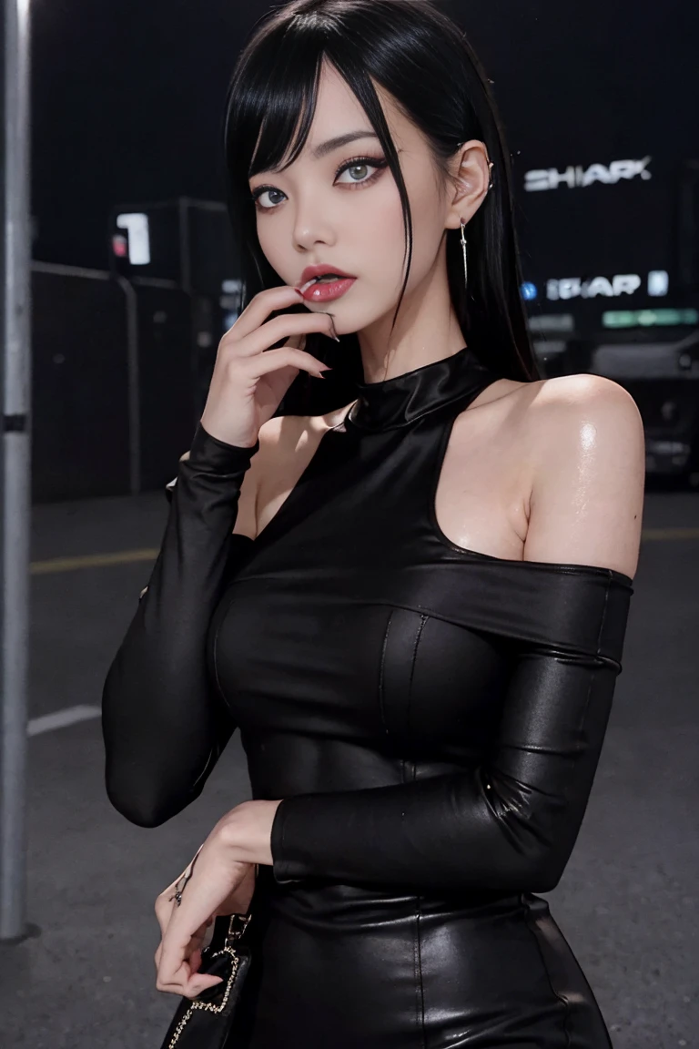 4k-ultra clear、highest quality, Artwork, Ultra high resolution, (Reality: 1.4), hot girl, sexy eyes, Off-shoulder sweater dresses, cinematic lighting、purple and black hair、(My girl、makeup goth、My makeup)、(Pierced ears、Big breasts、Oversized black open-shoulder t-shirt dark mini-skirt)、((dark makeup、Oily skin, glossy skin、Realistic skin texture、detailed beautiful skin、glossy skin)), area dark city center at night、Kabukicho、Dark Cyberpunk、(Sharp shot:1.8)、Slim legs、Thin arms、Thin shoulders、Slim waist、Slender body、Large breasts、Full body 