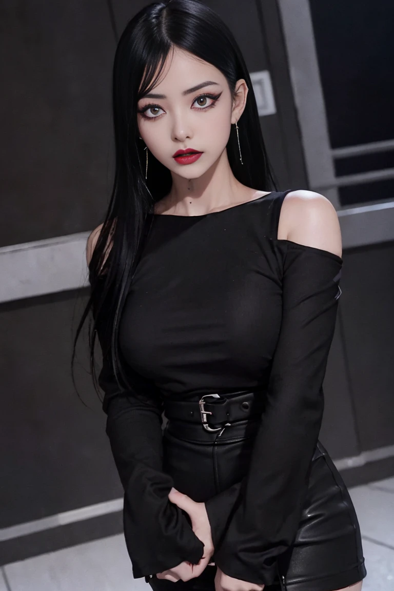 4k-ultra clear、highest quality, Artwork, Ultra high resolution, (Reality: 1.4), hot girl, sexy eyes, Off-shoulder sweater dresses, cinematic lighting、purple and black hair、(My girl、makeup goth、My makeup)、(Pierced ears、Big breasts、Oversized black open-shoulder t-shirt dark mini-skirt)、((dark makeup、Oily skin, glossy skin、Realistic skin texture、detailed beautiful skin、glossy skin)), area dark city center at night、Kabukicho、Dark Cyberpunk、(Sharp shot:1.8)、Slim legs、Thin arms、Thin shoulders、Slim waist、Slender body、Large breasts、Full body 