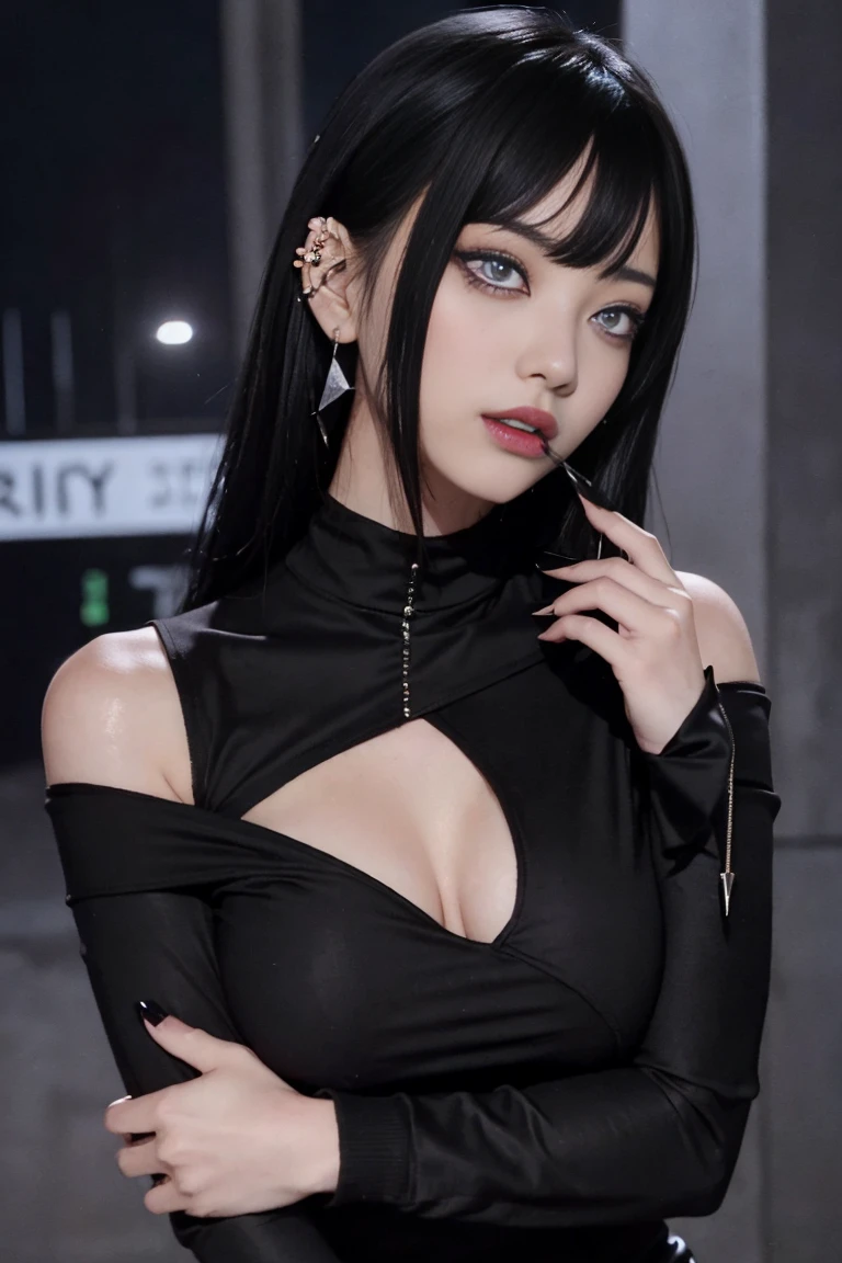 4k-ultra clear、highest quality, Artwork, Ultra high resolution, (Reality: 1.4), hot girl, sexy eyes, Off-shoulder sweater dresses, cinematic lighting、purple and black hair、(My girl、makeup goth、My makeup)、(Pierced ears、Big breasts、Oversized black open-shoulder t-shirt dark mini-skirt)、((dark makeup、Oily skin, glossy skin、Realistic skin texture、detailed beautiful skin、glossy skin)), area dark city center at night、Kabukicho、Dark Cyberpunk、(Sharp shot:1.8)、Slim legs、Thin arms、Thin shoulders、Slim waist、Slender body、Large breasts、Full body 