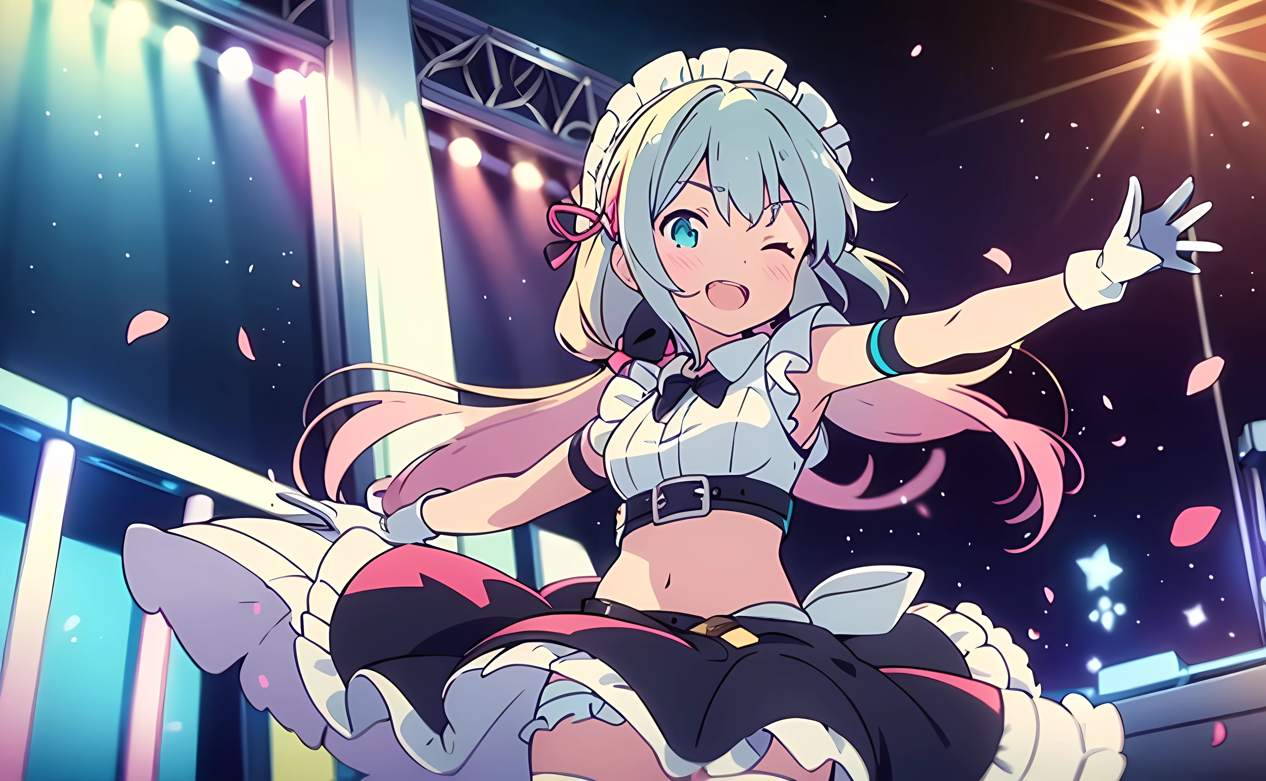 MLTD bg style, (best quality, 8K, masterpiece, HDR, ultra detailed:1.2), cinematic angle, (light particles, sparkle), lens flare, depth of field, bokeh,
1girl, white gloves, open mouth, microphone, short puffy sleeves, glowstick, smile, petals, maid headdress, frills, blush, solo, stage, white thighhighs, belt, hair bow, hair ribbon, medium breasts, idol, upper teeth only, looking away, aqua bow, frilled skirt, hair ornament, frilled dress, audience, solo focus, concert, zettai ryouiki, spotlight, stage lights, shiny hair, looking afar, buckle, belt buckle, elbow gloves, wing collar, jewelry, petticoat, navel, black, hair,