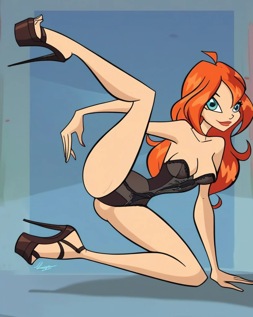 bl_oom, 1girl, ginger hair, blue eyes, looking at viewer, smiling, all fours, side view, Full Body lust, spreading legs, black corset and lingerie, strapless, medium Breasts, naked shoulders, Long Legs, show complete body, black platform heels, touching her Breasts, simple background, score_9, score_8_up, score_7_up,
