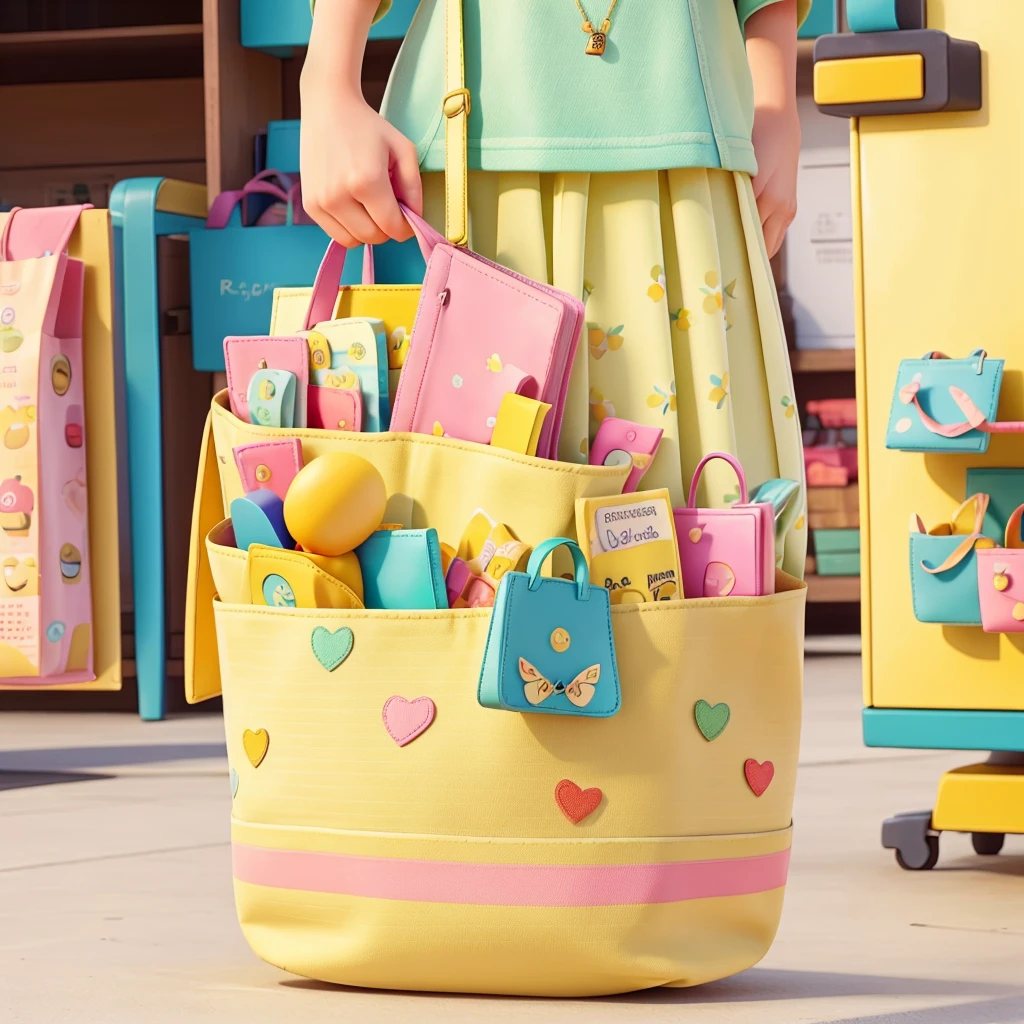 Make a shopping style bag where the bag says perfect finds, This bag must be yellow in a pastel tone and must have a cute bee design