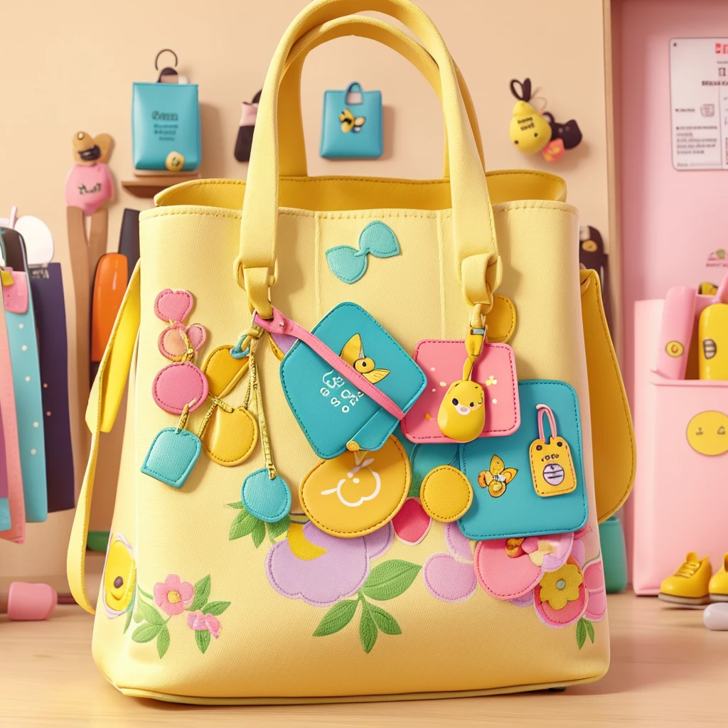 Make a shopping style bag where the bag says perfect finds, This bag must be yellow in a pastel tone and must have a cute bee design 