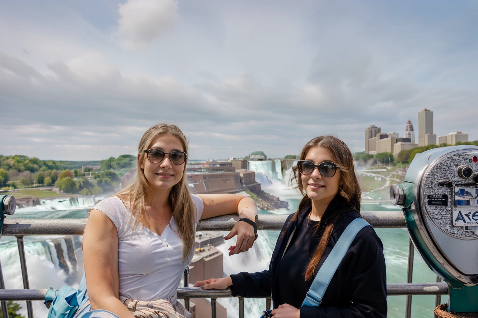two women standing next to each other near a railing, vacation photo, wide portrait, tourist photo, niagara falls