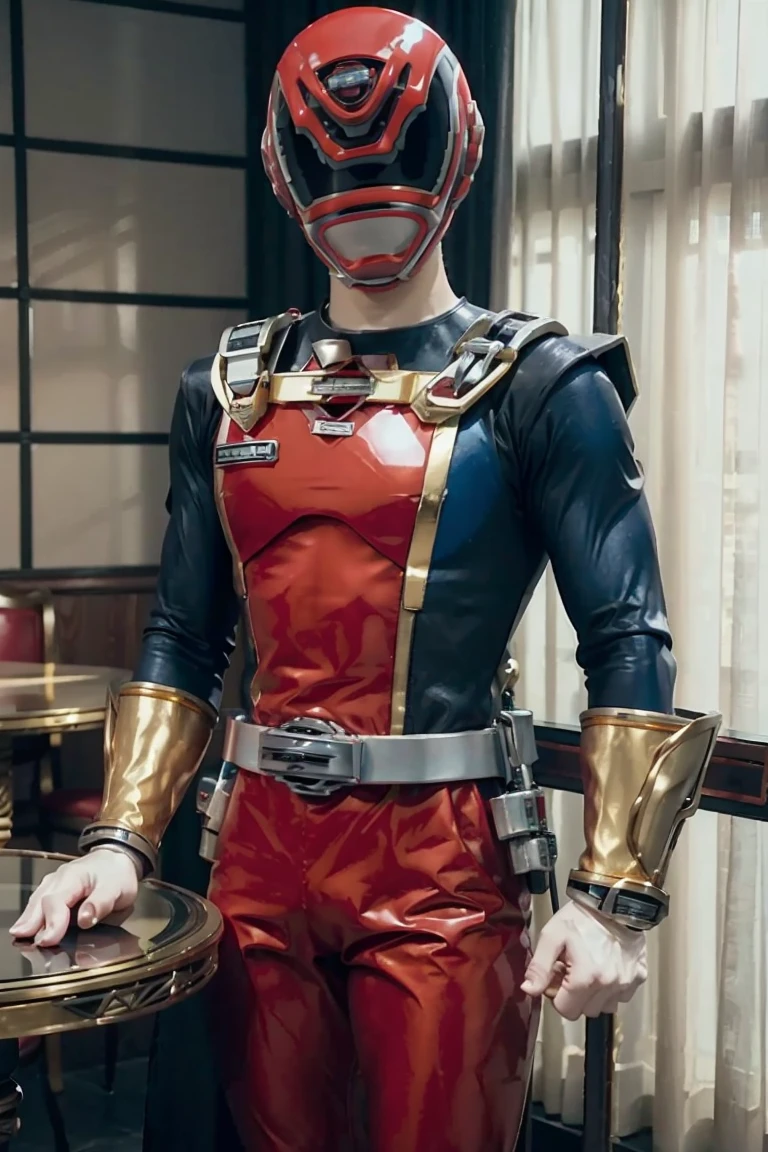Fantasy background, cafe rpg style, empty chair, table, set of tea glass, (power rangers)), One guy、, ((red ranger suit)), red and blue chest armor with gold details, costume, Solo, ((fit figure)), (Anatomically correct), Cowboy shot, masked face, guns, muscular build