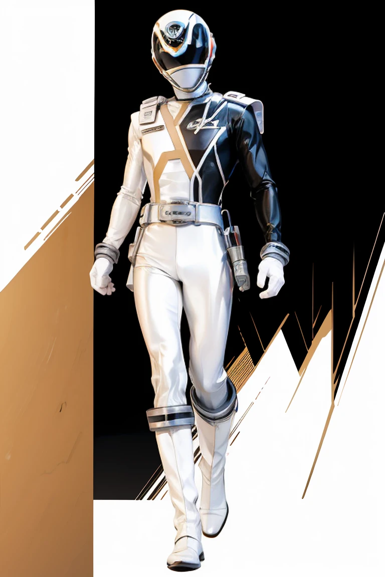1boy, white, full body, Illustration, cinematic light, high resolution, best quality, ultra detailed, masterpiece, power suit, powerranger, suit, spd, (white ranger suit)), gold detail