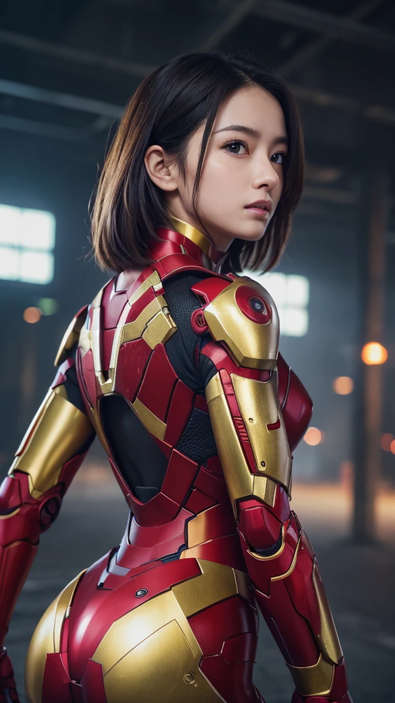 (One girl:1.3), alone,__Body parts__, Official Art, unity 8k wallpaper, Super detailed, beautiful and aesthetic, beautiful, masterpiece, 最high quality, born, masterpiece, Ultra HD Photos,, 最high quality, Ultra-high resolution, Realistic, sunlight, Full body portrait, stunningly beautiful,, Dynamic pose, Delicate face, bornきbornきとした目、Eyes in detail, (Side view、Looking back), She is cosplaying as Iron Man, Red and Gold, Highly detailed abandoned warehouse background, Detailed face, Detailed, intricate and busy background, Messy, nice,, Skin with attention to detail, Realistic skin detail, Detailed pores, Bold composition、Sharp focus, Volumetric Fog, 8K Ultra HD, Digital single-lens reflex camera, high quality, Film Grain, , Photorealism, Lomography, A sprawling metropolis in a dystopian future, View from below, translucent