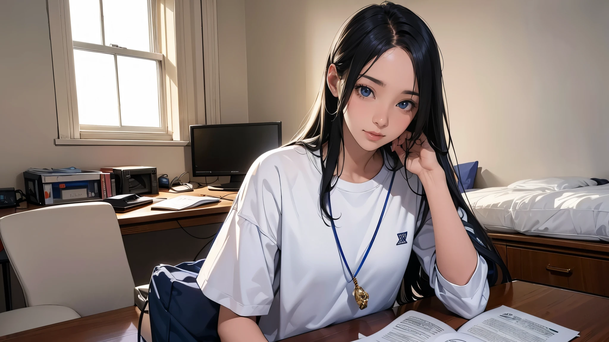 Ultra HD、super high quality、masterpiece、detailed、8K、The place is your room、A high school girl in her room１Person sitting and listening to music on headphones、Studying at a desk、The room is small、15-year-old high school girl、The high school girl is Russian and has long black hair.、Has blue eyes、Has a glamorous figure、The clothes she&#39;s wearing are a camisole, a miniskirt, and knee-high socks.、Or wearing a uniform、Pretty sexy、Lo-Fi images,The background is blurred、Nostalgic and relaxing atmosphere、The decorations are retro.、Late Night、The light is a desk lamp