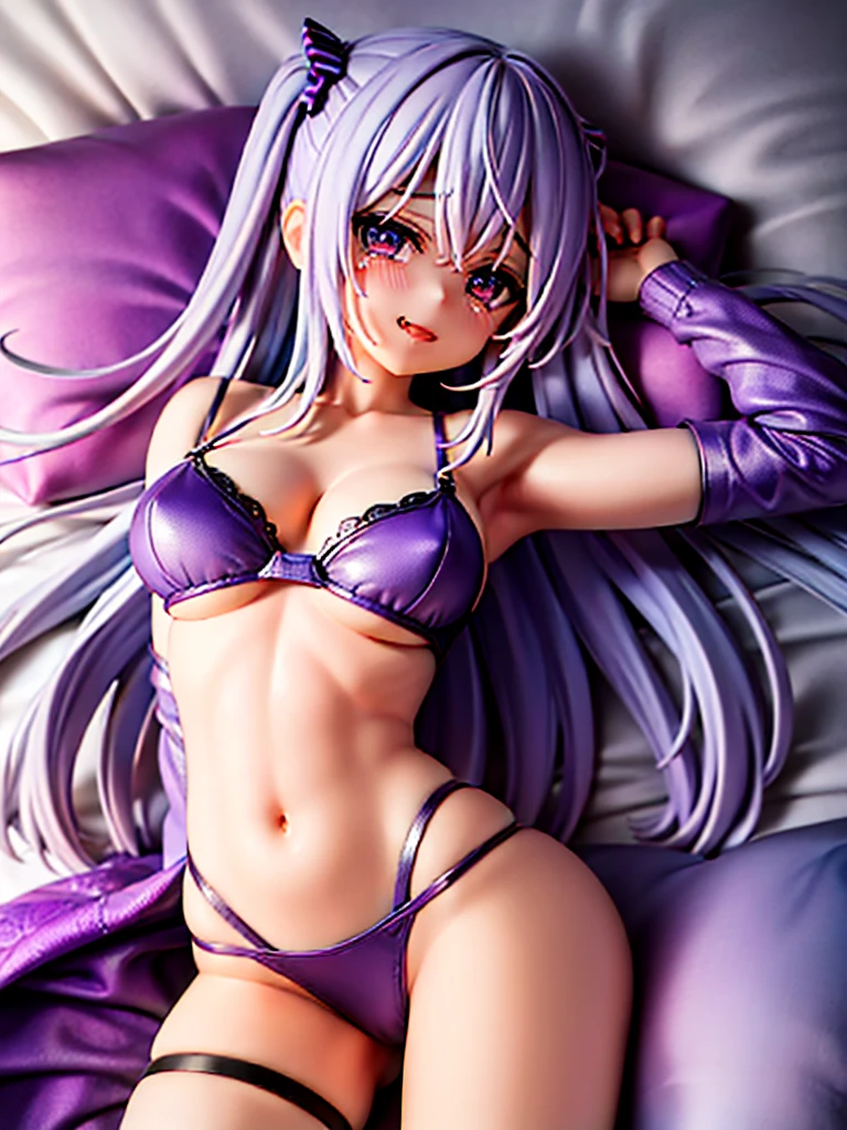 Highest quality,High resolution,１Beautiful girl of the person,whole body,look up,Lying down,looking at the camera,Big eyes,Crying face,Tears,Stringy saliva,Open your mouth wide,Sticking out tongue,Flush saliva,Overflowing with saliva,semi-long,Light blue hair,Rainbow Eyes,In underwear,purple bra,Purple underwear,High leg,purple garter belt,Purple knee-high stockings,Tears overflow,Dripping a lot of saliva,Drooling,Bedroom,On the bed,sexy,Finger licking,Muscle Exposure,Lingerie,Erotic,Western-style room,Alluring,Leg spread,Ｍ字Leg spread,