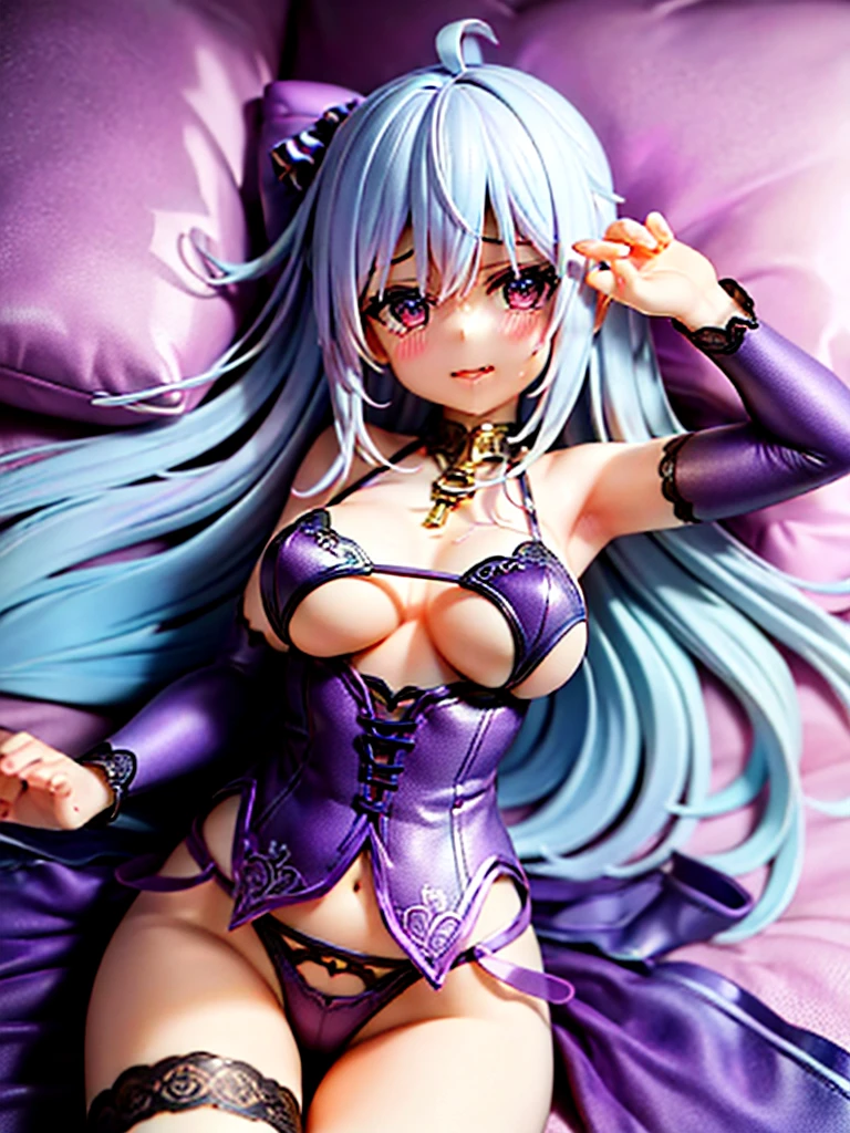 Highest quality,High resolution,1Beautiful girl of the person,whole body,look up,Lying down,looking at the camera,Big eyes,Crying face,Tears,Stringy saliva,Open your mouth wide,Sticking out tongue,Flush saliva,Overflowing with saliva,semi-long,Light blue hair,Rainbow Eyes,In underwear,purple bra,Purple underwear,High leg,purple garter belt,Purple knee-high stockings,Tears overflow,Dripping a lot of saliva,Drooling,Bedroom,On the bed,sexy,Finger licking,Muscle Exposure,Lingerie,Erotic,Western-style room,Alluring,Leg spread,M字Leg spread,