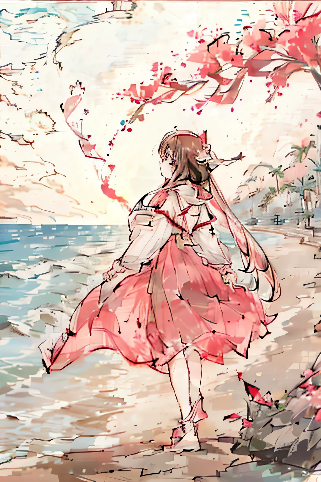 Absolutely mesmerizing sunset on the beach, with a blend of oranges, Pink, The sky is full. The crystal clear waters of the sea gently kiss the coast, White sandy beaches stretch endlessly. The scene is full of dynamics,Breathtaking,Palm trees swaying gently. Feel the calm atmosphere,Let peace envelop you.A glass of cocktail with a flower on the beach reflecting the sun and sea water
