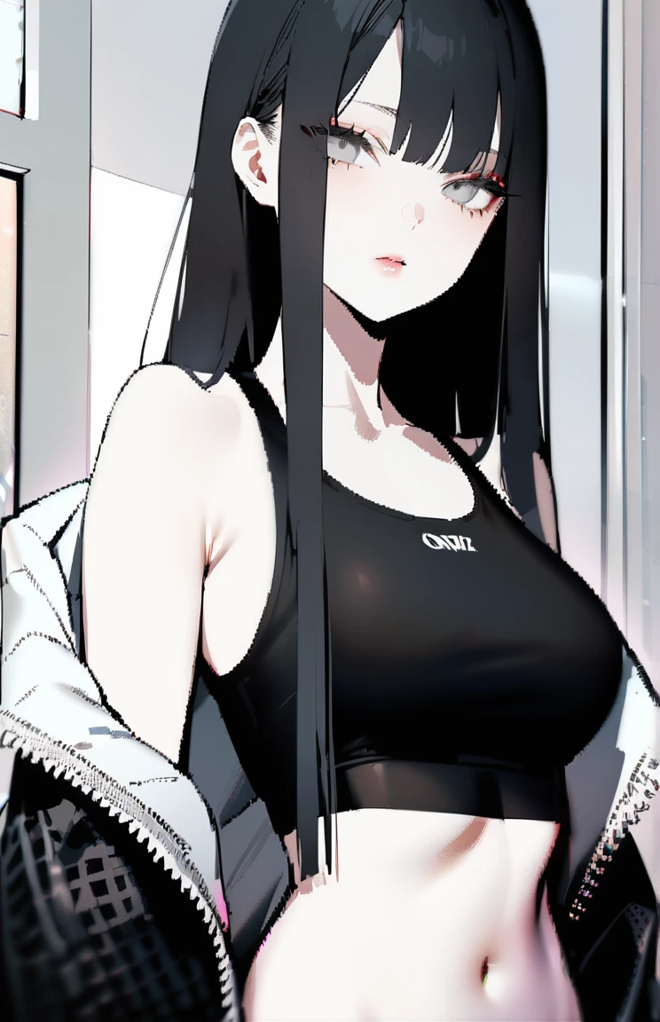 1 girl, alone, Long Hair,Black Hair,Watching the audience,Mouth closed, , White eye,Black eyes,Jacket,Shoulder Bare,Sports Bra,Belly button、kpop, lips, eyelash,from the front, Compensate, Straight Hair,masterpiece,Very detailed