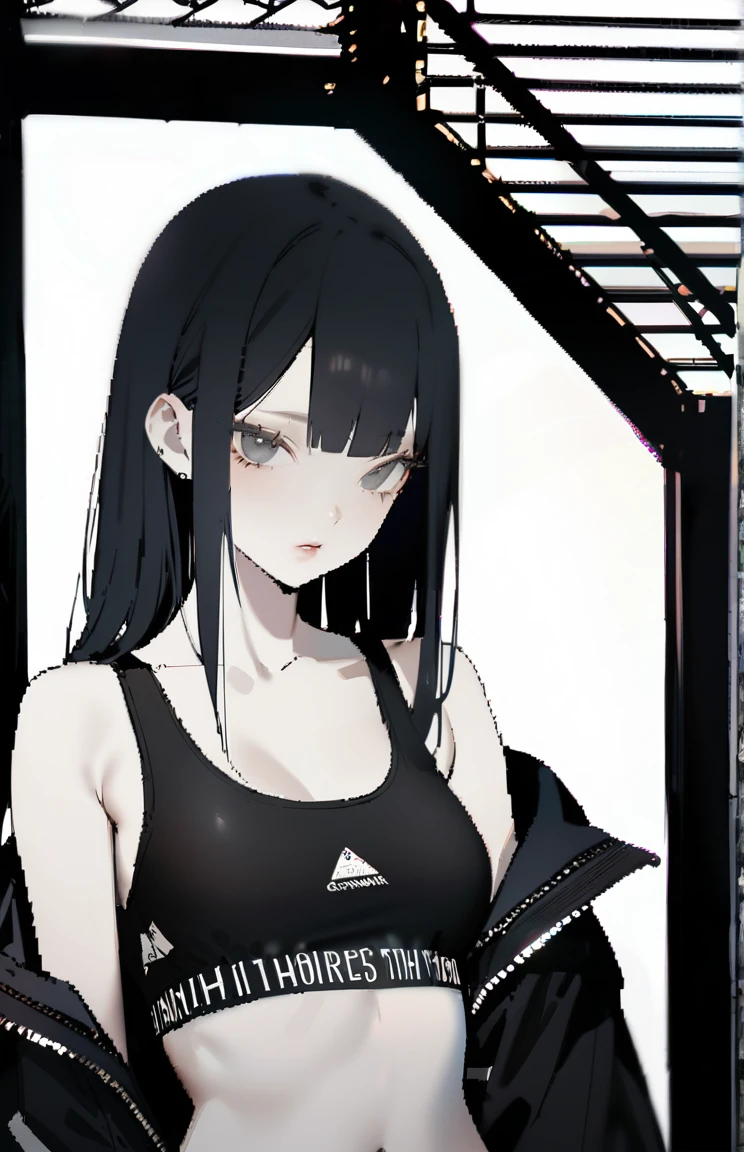 1 girl, alone, Long Hair,Black Hair,Watching the audience,Mouth closed, , White eye,Black eyes,Jacket,Shoulder Bare,Sports Bra,Belly button、kpop, lips, eyelash,from the front, Compensate, Straight Hair,masterpiece,Very detailed