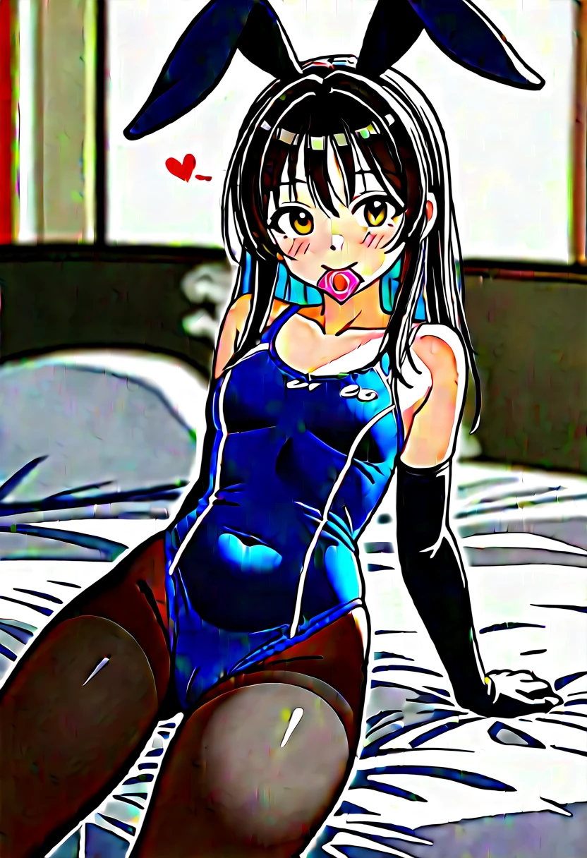 masterpiece, best quality, ultra-detailed, anime coloring, 1girl, solo, (idolmaster, idolmaster cinderella girls), tachibana arisu, black hair, long hair, bunny ears, hair bow, brown eyes, closed mouth, smile, mouth hold, condom in mouth, nose blush, collarbone, (competition swimsuit, blue one-piece swimsuit, vertical stripes), latex, shiny, shiny swimsuit, small breasts, bare shoulders, (elbow gloves, thighband pantyhose), highleg swimsuit, groin, sitting, on bed, looking at viewer, condom wrapper, white bed, indoors, (bedroom), steam, steaming body, lighting, spoken heart