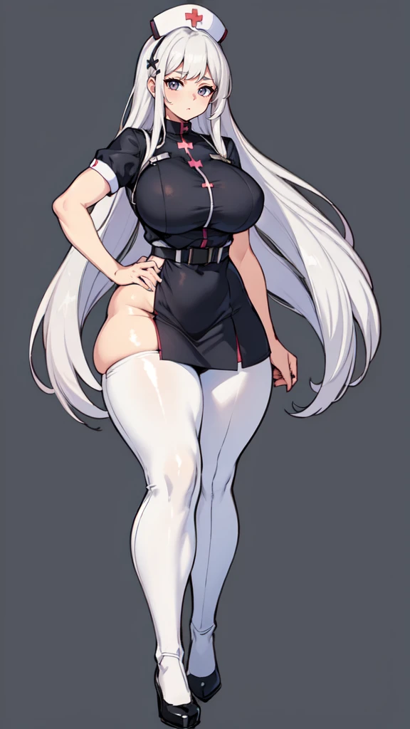 ((blank background)), masterpiece, best quality, silver hair, (big breast:1), ((full body framing)), symmetry, nurse woman, nurse uniform, nurse cap, long pants, ((curvy)), wide hips thick thighs, short skirt