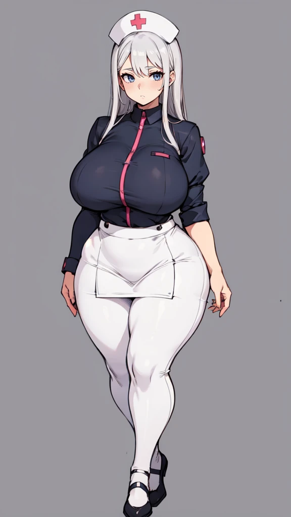 ((blank background)), masterpiece, best quality, silver hair, (big breast:1), ((full body framing)), symmetry, nurse woman, nurse uniform, nurse cap, long pants, ((curvy)), wide hips thick thighs, short skirt