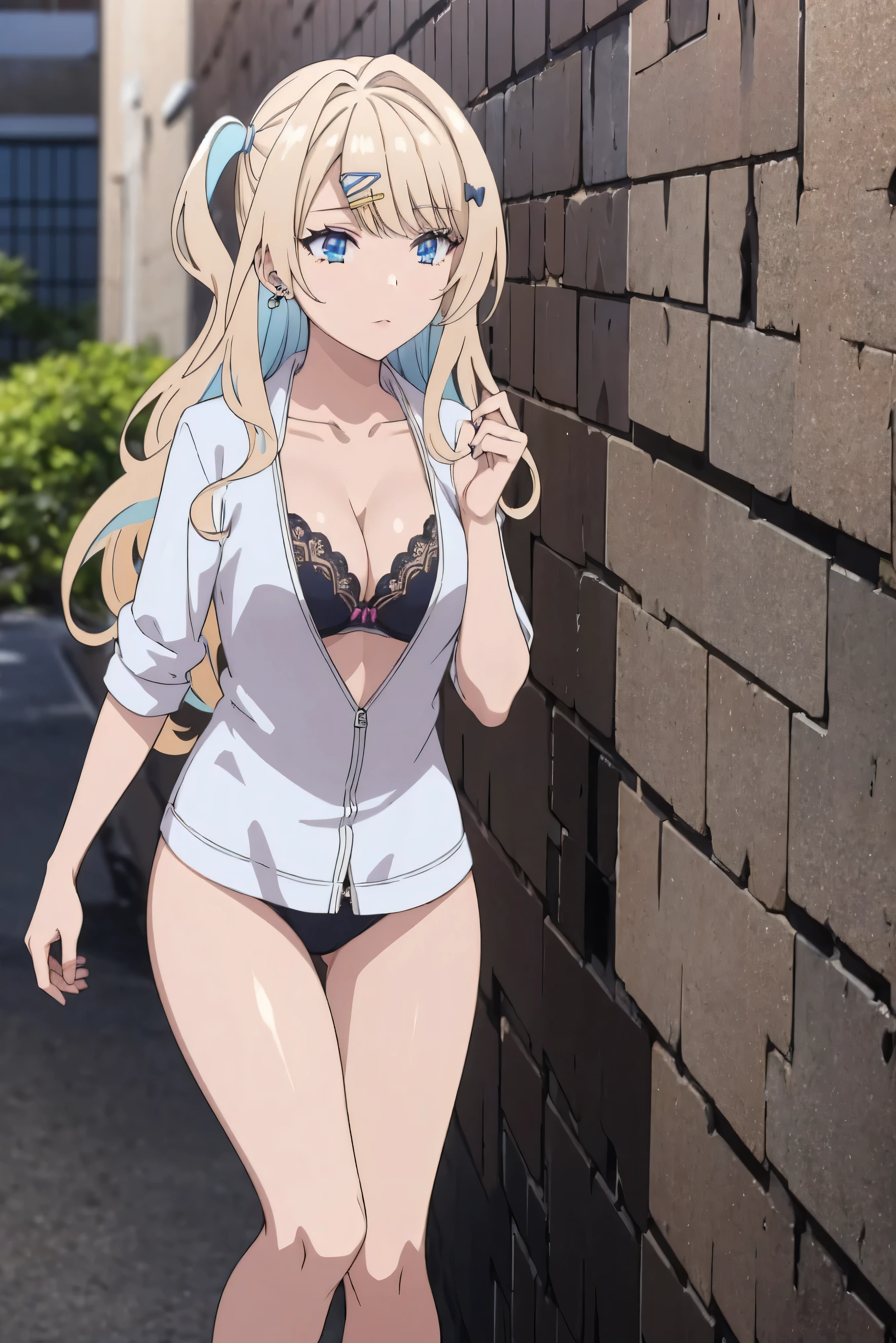 (masterpiece, best quality), ShirakawaRuna, 1girl, blonde hair, multicolored hair, bangs, one side up, long hair, blue eyes, hairclip, jewelry, earrings, medium breasts, gyaru, cleavage, collarbone, lingerie, black lingerie, beautiful body, bra, beautiful legs 