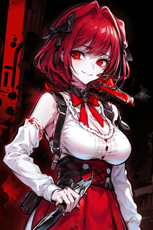 1girl,solo,unpleasant smile of a girl who loves knife,Ppychopath,horror,red hair,red eyer,big breast,blood on face,holding knife,juicy,holding knife by the handle, full body