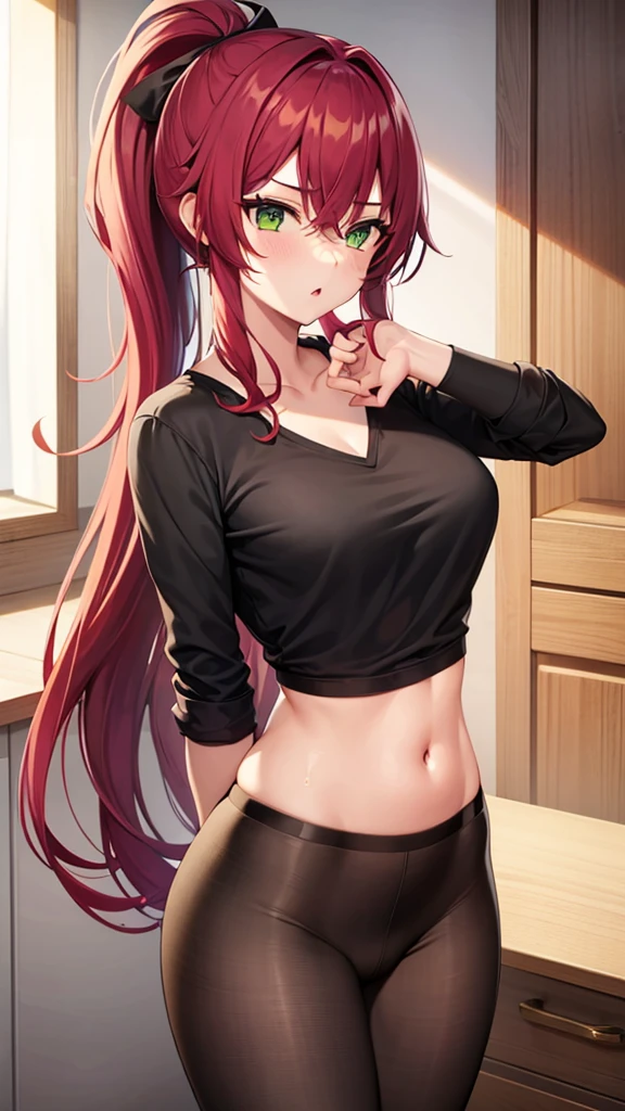 1girl, underwear, tight shirt, lingerie, big chest, green eyes, long torso, red hair, ponytail, shiny skin, reaching at the top of a cupboard