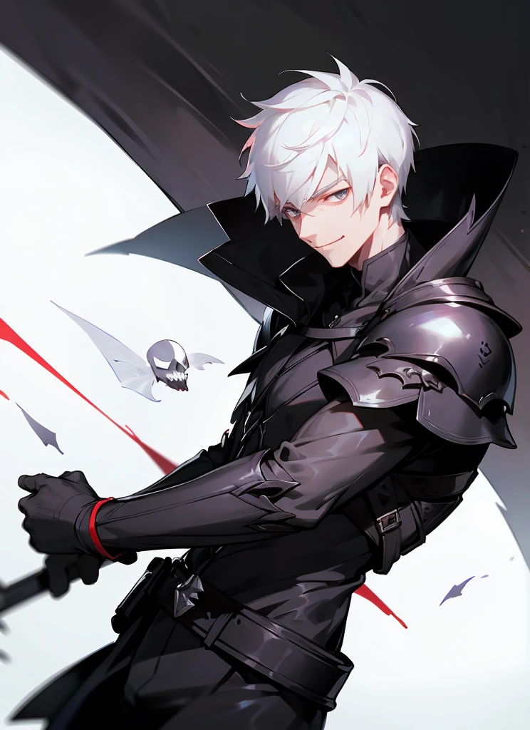 1 , handsome fashion hair,black hair highlight white hair, fanstasy, smile face, male ,fantasy, reaper, hunter with blackshortsword, villian face, short hair black armor , darkness wolrd, bad
