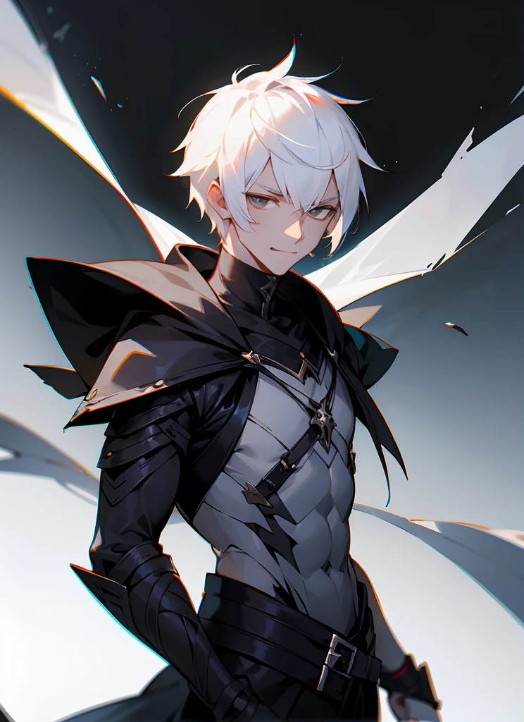 1 , handsome fashion hair,black hair highlight white hair, fanstasy, smile face, male ,fantasy, reaper, hunter with blackshortsword, villian face, short hair black armor , darkness wolrd, bad