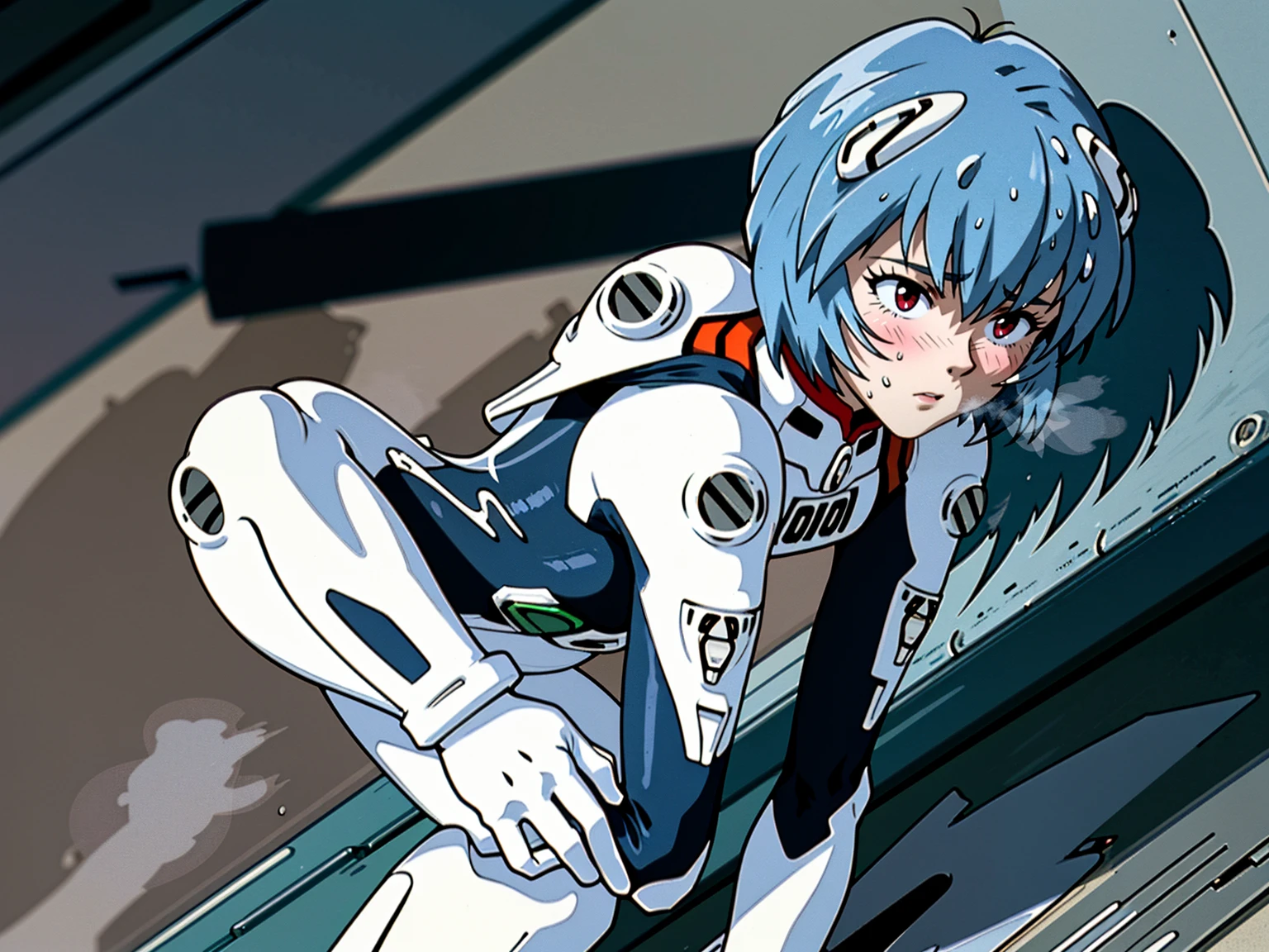 ((Highest quality, 8k wallpaper)),(masterpiece, Highest quality),Very detailed,High resolution,(Official Art:1.3),(((Anime screenshots,Black outline))),One girl,alone, Break mer1,(Rei Ayanami {Neon Genesis Evangelion,}1.2),masterpiece, best quality, outdoor, 1girl, Solo,red eyes,short hair,blue hair, (White plug suit:1.4), skin tight,(Tired look, A look of regret, Struggled, Half-closed eyes, fear, humiliation, Frightened, anxiety:1.3),(((Covered in sweat, Mass sweat, Sweating profusely,steam:1.7))), (looking back,kneeling, hands on floor:1.8), (Dirty Costume with mud,gym storeroom:1.5)(((sweat,Sweatdrop,flying Sweatdrops, sweating profusely,wet,wet clothes,wet hair,messy hair))),
