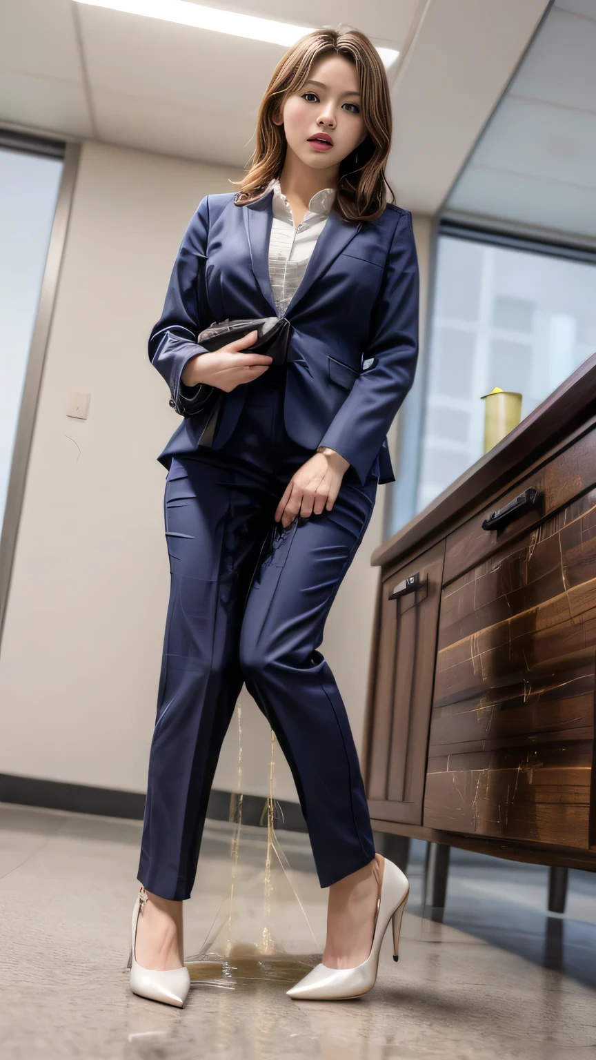 (masterpiece, best quality:1.2), (realistic,photo-realistic:1.4), RAW photo, highres, extremely detailed, intricate details, cinematic lighting, (front view, view from below:1.3), a 30yo japanese female, standing in the office room, (full body, high heels:1.5), large breasts, (fine fabric texture, office lady suit:1.2), detailed eyes, detailed face, fine-textured skin, pale skin,
(peeing self,urination:1.4),(ashamed:1.2),
desperate for peeing, wetting her clothes, pee runing down her legs, pee desperation pose, pee desperate face, big pee pudle,
indoors, photo background,
