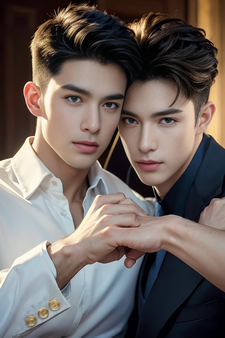 Ultra wide angle，((masterpiece)),((best quality)),8K,High Detail,Very detailed, 2 handsome muscular boys，Very manly，golden brown eyes，Stylish short hair，Vivid male image, Fashion pose, masculine expression，Real skin texture, ((Perfect hand details))，((Real and complete hand details))，Light,
Royal blue style couple，White male model photos
