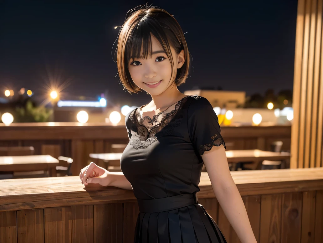 (Highest quality, masterpiece, Ultra-high resolution, 8K, RAW Photos, Realistic, Anatomically correct:1.5), (Stainless steel round bar fence:1.0, Put your elbow on the fence:1.2, high school girl、20-year-old girl:1.2, Embarrassing, avert your eyes, blush:1.0, View Viewer, ((bar)) 、Night view、 Light:1.2, Bokeh, Cinema Lighting:1.0, Depth of written boundary, sharp、 Cute face、Idol、Black short sleeve lace top、Black pleated skirt、Black clothing、”dwarf”、(Floral clothes)、Full Body Shot、Cowboy Shot、(( smile))、(Ultra short hair、Straight Hair)、(Straight bangs)、