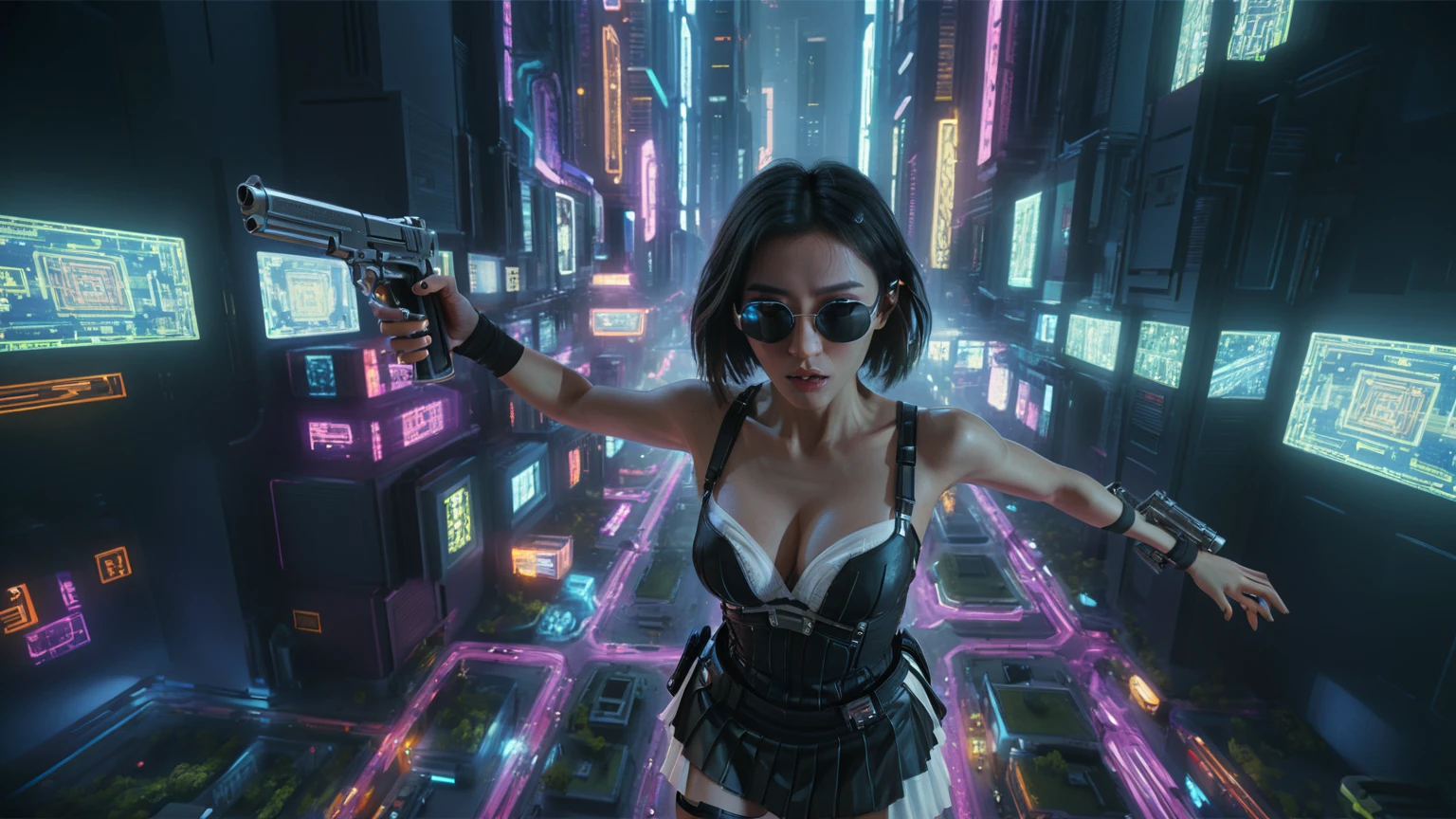 Cyberpunk female plagiarist immersed in digital theft, neon-lit alias within a vast online labyrinth, grotesque grunge brushing into surrealism, illuminated by kaleidoscopic volumetric light, a detailed masterpiece reminiscent of Moebius' distinctive style, deep focus, heightened depth field, psychedelic undertones amplified in a cinematic shot, (((((aerial view of cyberpunk city at night))))), (((((1girl, solo, alone))))), photo realistic, (((((large-breast:1.4 slim body, cleavage:1.4))))), (((off broken mini sling-shirt and black sling bra, (((extreamly short white pleated miniskirt, micro panty)))))), (((((running pose))))), (((((((matrix style black micro sunglasses))))))), ((((((((((aiming with a short gun)))))))))), (((((looking at camera))))), (((very low view))), (((((half-body thigh level medium shot))))), (((cinematic lighting))).