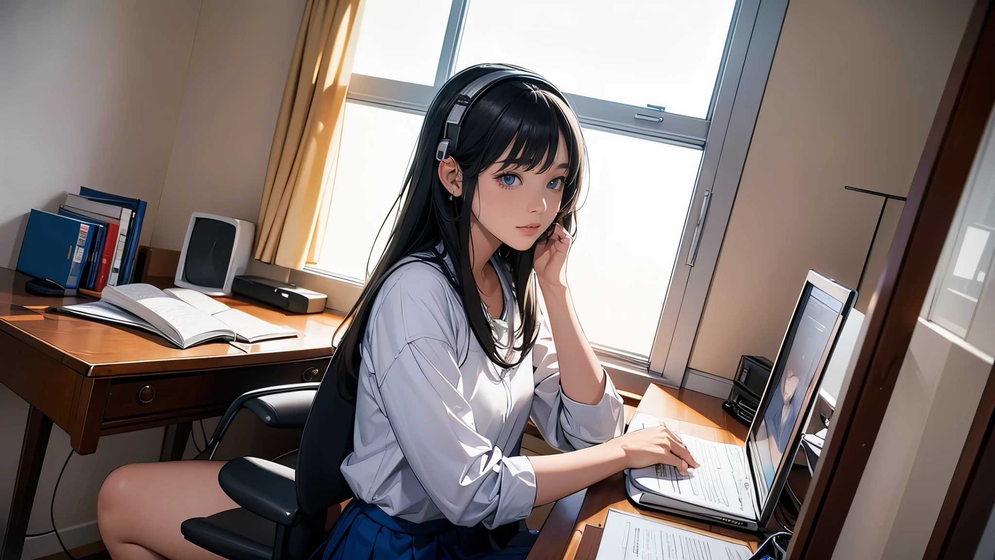 Ultra HD、super high quality、masterpiece、detailed、8K、The place is your room、A high school girl in her room１Person sitting and listening to music on headphones、Studying at a desk、The room is small、15-year-old high school girl、The high school girl is Russian and has long black hair.、Has blue eyes、Has a glamorous figure、The clothes she&#39;s wearing are a camisole, a miniskirt, and knee-high socks.、Or wearing a uniform、Pretty sexy、Lo-Fi images,The background is blurred、Nostalgic and relaxing atmosphere、The decorations are retro.、Late Night、The light is a desk lamp