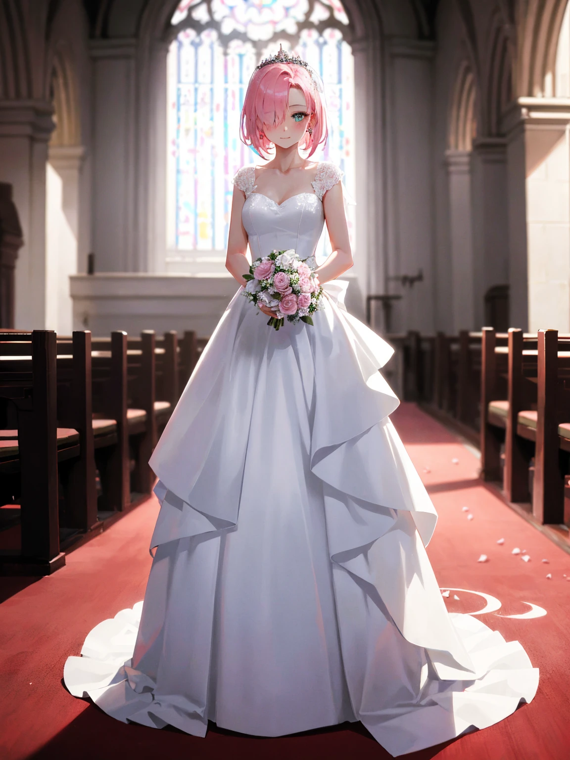 Sakura haruno, ((solo)), alone, bride, wearing a white wedding dress, queen, happy, ((forehead to show)), (hair over one eye), (heterochromia), detailed collarbone, perfect collarbone, standing, entering the church, pink hair, short hair, delicate, young, short hair, detailed face, high definition, ((full body)), (flowers around her), full body, she is a beautiful woman getting married, face with high quality, beautiful, radiant