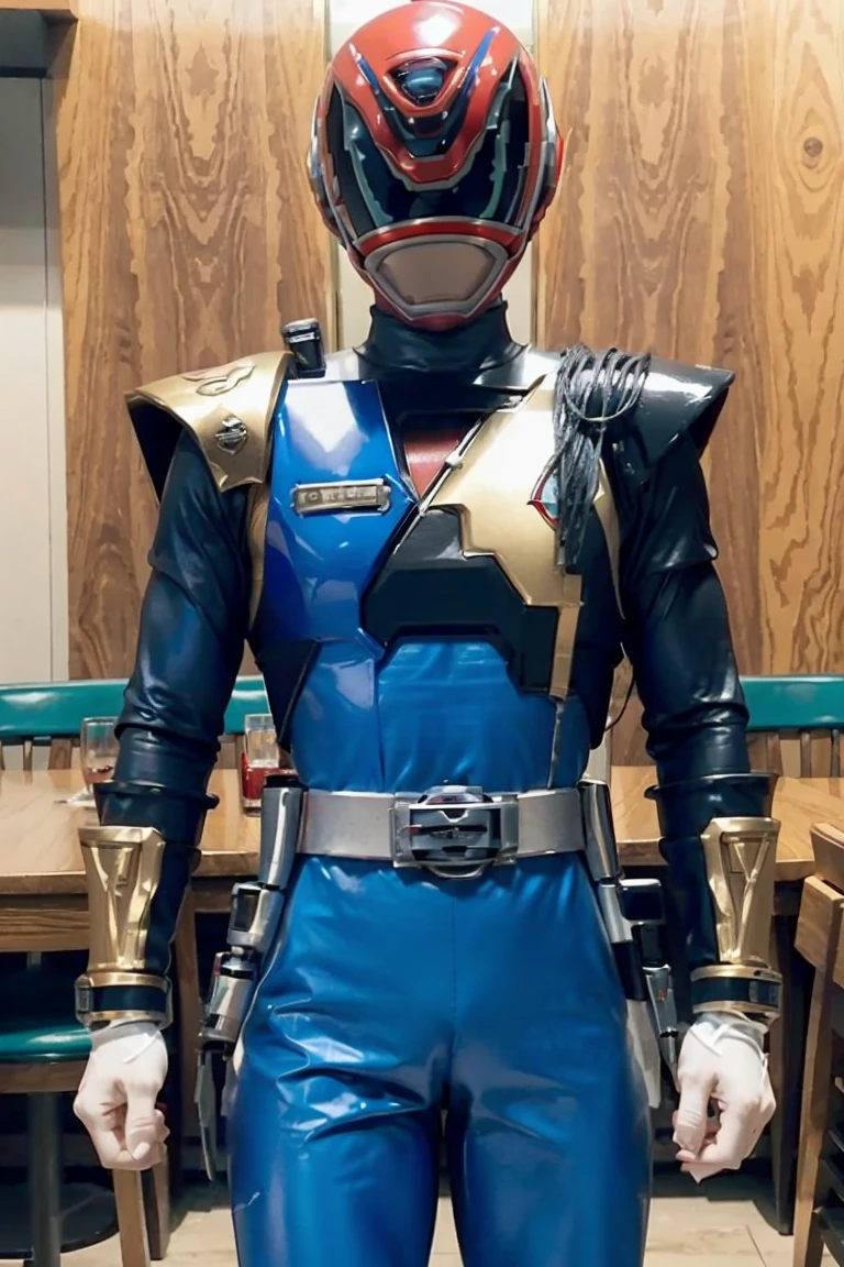 Fantasy background, cafe rpg style, empty chair, table, set of tea glass, (power rangers)), One guy、, ((red ranger suit)), red and blue chest armor with gold details, costume, Solo, ((fit figure)), (Anatomically correct), Cowboy shot, masked face, guns, muscular build