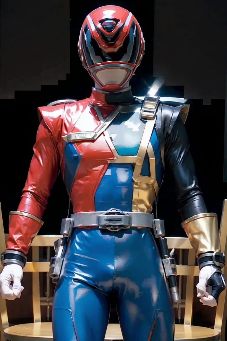 Fantasy background, cafe rpg style, empty chair, table, set of tea glass, (power rangers)), One guy、, ((red ranger suit)), red and blue chest armor with gold details, costume, Solo, ((fit figure)), (Anatomically correct), Cowboy shot, masked face, guns, muscular build