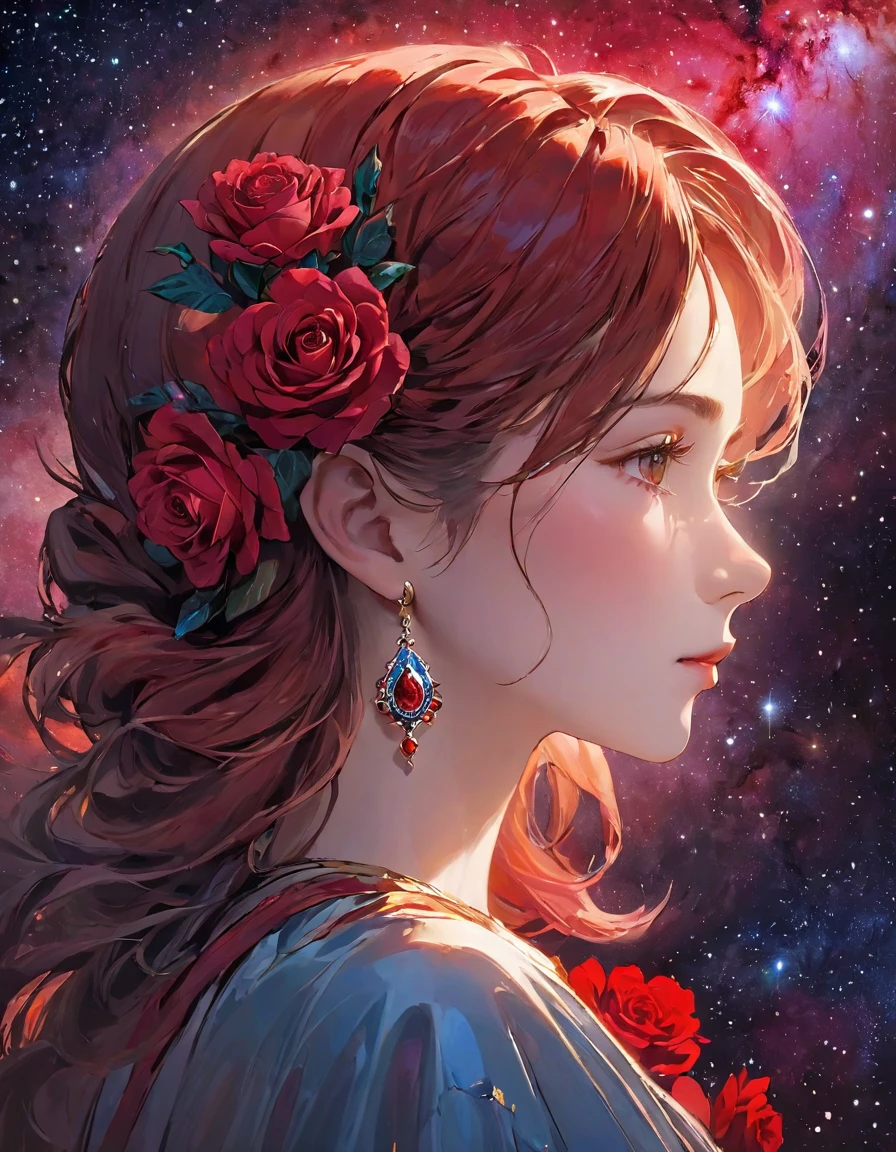 RAW Photos、Realistic、Upper body angle、Beautiful woman portrait、１４talent、 profile , Look ahead,prayer、Join hands、 She has a red rose in her hair around her ear, background cosmos,Red Galaxy、 Close-up, 超Realistic. Masterpiece of Art.