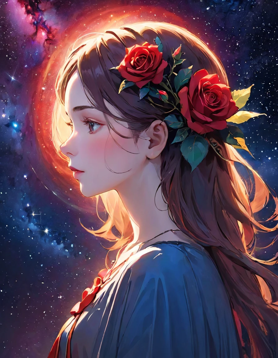RAW Photos、Realistic、Upper body angle、Beautiful woman portrait、14talent、 profile , Look ahead,prayer、Join hands、 She has a red rose in her hair around her ear, background cosmos,Red Galaxy、 Close-up, 超Realistic. Masterpiece of Art.