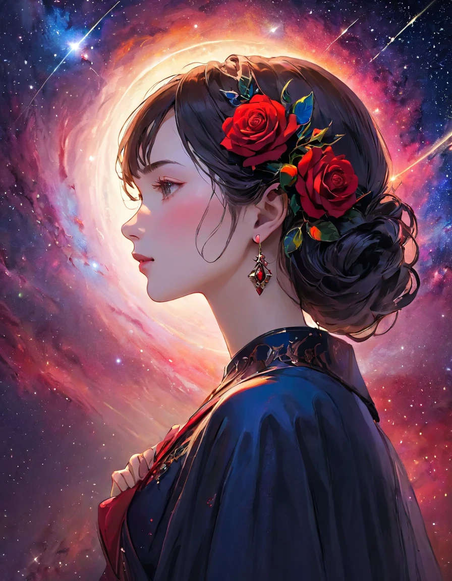 RAW Photos、Realistic、Upper body angle、Beautiful woman portrait、１４talent、 profile , Look ahead,prayer、Join hands、 She has a red rose in her hair around her ear, background cosmos,Red Galaxy、 Close-up, 超Realistic. Masterpiece of Art.