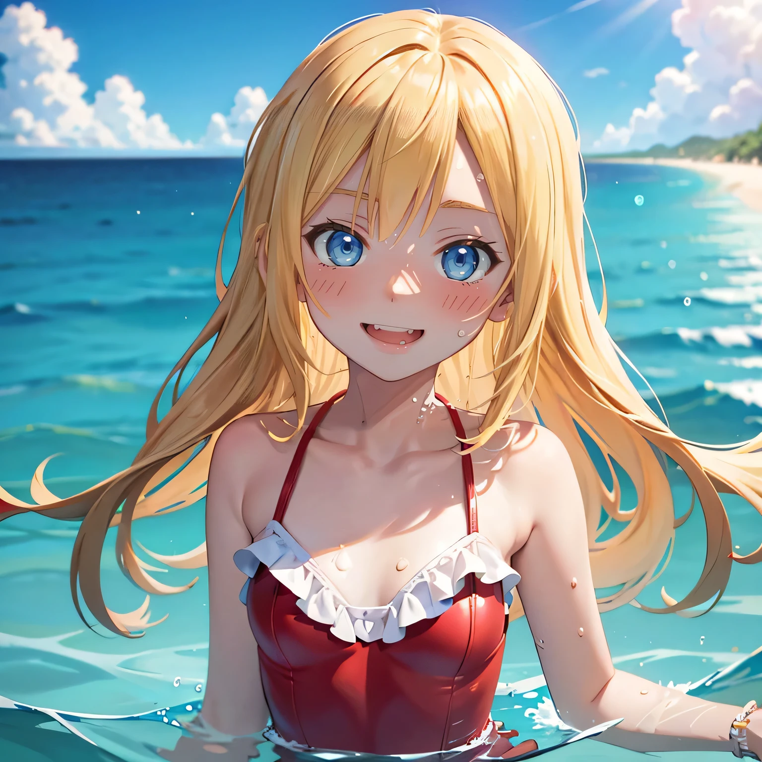 Blonde, long hair, red swimsuit, frilly swimsuit, frills, one piece swimsuit, short, woman, outside, beach, blonde hair, light blue eyes, small mouth, swimming, above water, small breasts, happy, portrait
