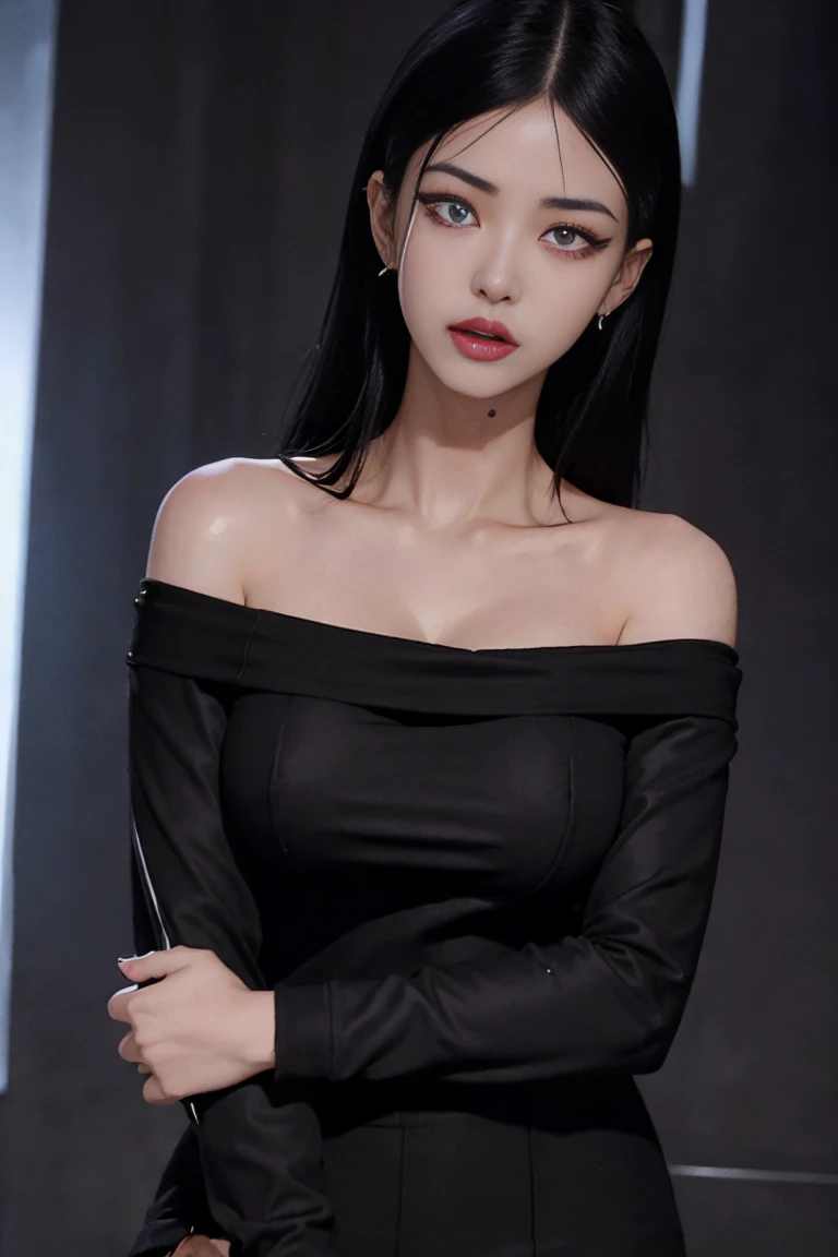 4k-ultra clear、highest quality, Artwork, Ultra high resolution, (Reality: 1.4), hot girl, sexy eyes, Off-shoulder sweater dresses, cinematic lighting、purple and black hair、(My girl、makeup goth、My makeup)、(Pierced ears、Big breasts、Oversized black open-shoulder t-shirt dark mini-skirt)、((dark makeup、Oily skin, glossy skin、Realistic skin texture、detailed beautiful skin、glossy skin)), area dark city center at night、Kabukicho、Dark Cyberpunk、(Sharp shot:1.8)、Slim legs、Thin arms、Thin shoulders、Slim waist、Slender body、Large breasts、Full body 