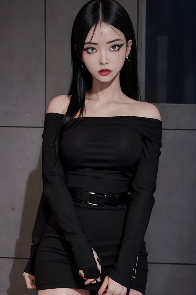 4k-ultra clear、highest quality, Artwork, Ultra high resolution, (Reality: 1.4), hot girl, sexy eyes, Off-shoulder sweater dresses, cinematic lighting、purple and black hair、(My girl、makeup goth、My makeup)、(Pierced ears、Big breasts、Oversized black open-shoulder t-shirt dark mini-skirt)、((dark makeup、Oily skin, glossy skin、Realistic skin texture、detailed beautiful skin、glossy skin)), area dark city center at night、Kabukicho、Dark Cyberpunk、(Sharp shot:1.8)、Slim legs、Thin arms、Thin shoulders、Slim waist、Slender body、Large breasts、Full body 