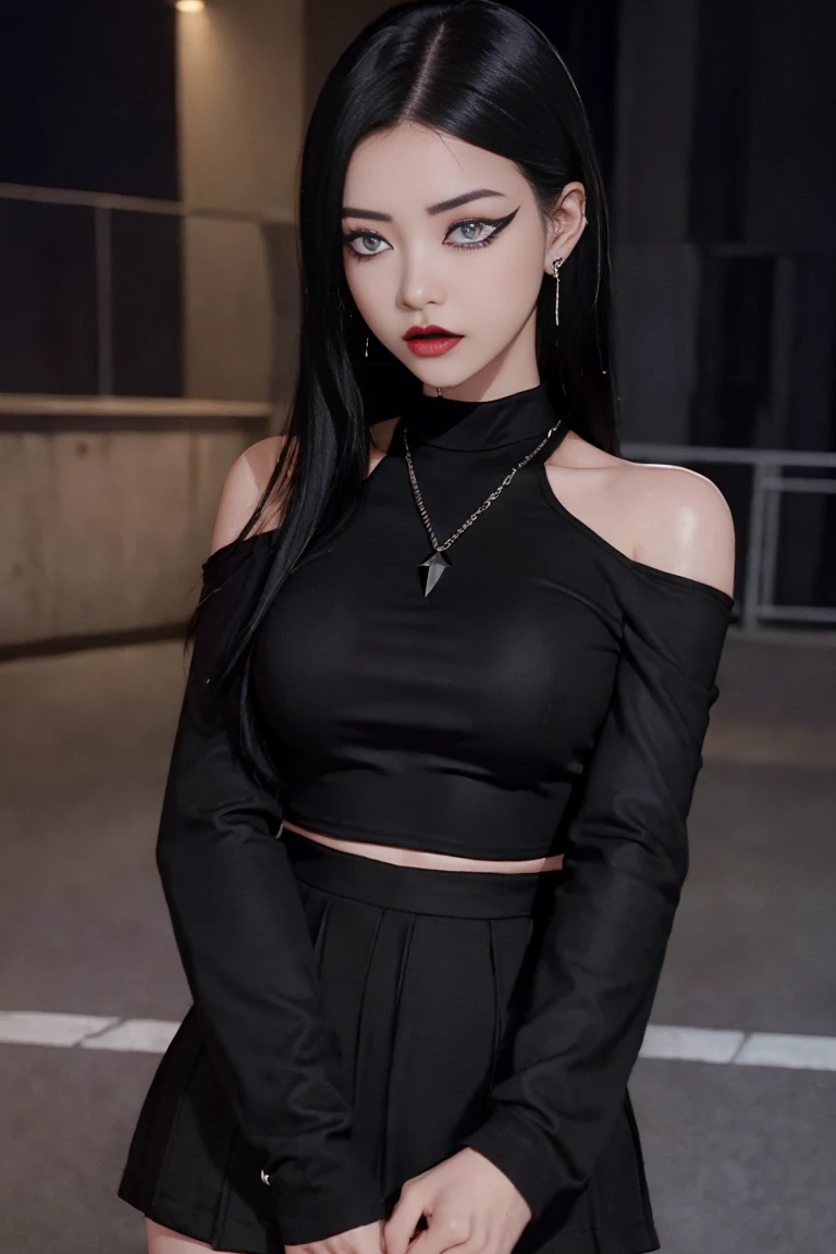 4k-ultra clear、highest quality, Artwork, Ultra high resolution, (Reality: 1.4), hot girl, sexy eyes, Off-shoulder sweater dresses, cinematic lighting、purple and black hair、(My girl、makeup goth、My makeup)、(Pierced ears、Big breasts、Oversized black open-shoulder t-shirt dark mini-skirt)、((dark makeup、Oily skin, glossy skin、Realistic skin texture、detailed beautiful skin、glossy skin)), area dark city center at night、Kabukicho、Dark Cyberpunk、(Sharp shot:1.8)、Slim legs、Thin arms、Thin shoulders、Slim waist、Slender body、Large breasts、Full body 