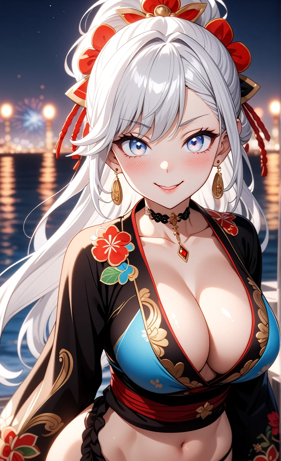 ((One personの女性)), Beautiful Face, Laughing embarrassedly((Wink:1.9)), (smirk), Laugh with your mouth wide open,((Bright red cheeks:1.4)),Shiny red lips,night,横浜のnight景,You can see the ocean, firework,,Glossy pink lips,Facial lighting,((Anime style background)),masterpiece, Highest quality, so beautiful,up to date, Complex details, (Pink long nails), (ring),(bracelet),(choker),AI-generated, Complex,High resolution, Highest quality, super high quality,3D Images、3D Images,One person,Long white hair,High Ponytail,(blue eyes),Anime woman posing for a photo, ((Fine grain、Silvery white colorful eyes、Shining Eyes:1.3)),(Squint your eyes:1.1),a hyperRealistic , hyperRealistic , Realistic,Anime woman with long white hair, Smooth anime CG art, A woman in a colorful kimono with gold embroidery, (Black long sleeve kimono),Red floral pattern,Long flower hair ornament,Earrings,Mature Body,(Big Breasts:1.1),Tall,Abdominal muscles,Narrow waist,(Zoom up to face:1.5),(front view),