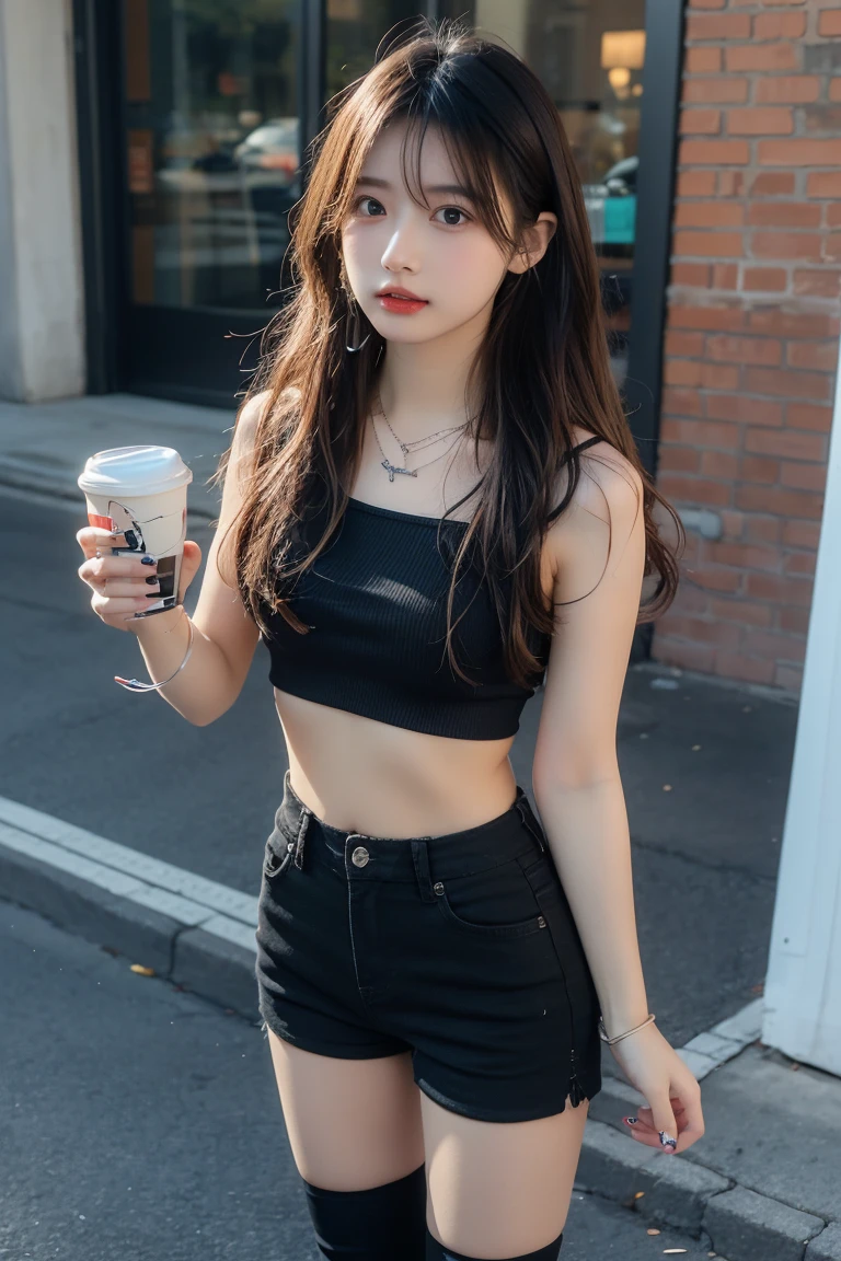 1girl, long hair, brown hair, wavy hair, from above, outdoors, street, holding cup, black shorts, black boots, crop top, necklace, bracelet, nail polish, earphones