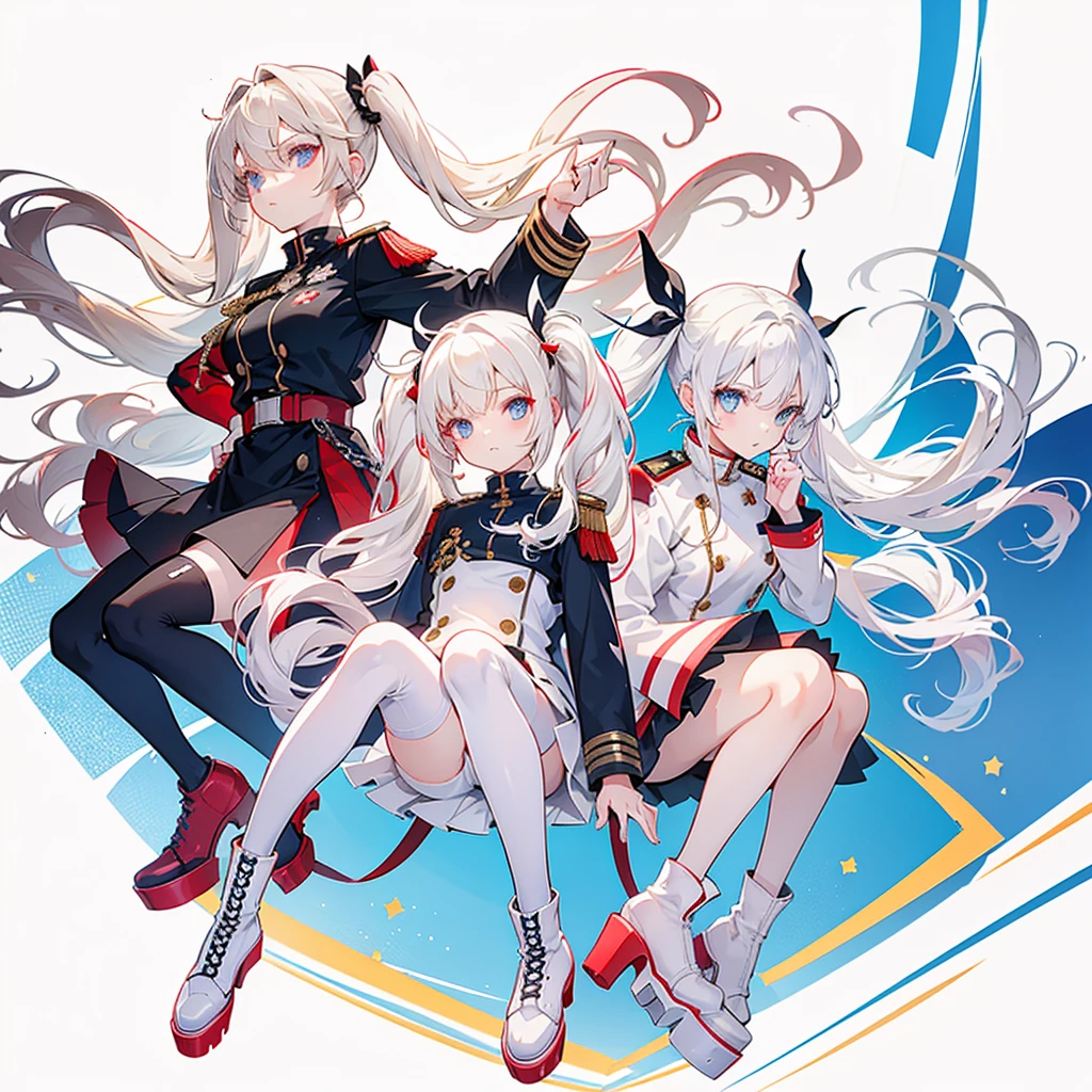 (Whole body), Two girls, (beige hair, red eyes), (white hair, blue eyes), twin tails, long hair, white background, light, high quality, military uniform, platform boots