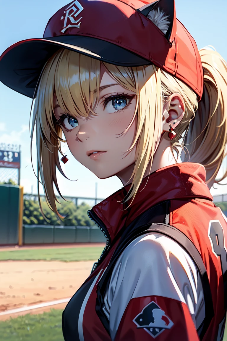 ((At the baseball field with the cat)),((Cat ears)), ((Sleeveless)),((Wine Red Baseball Cap)),((Wearing a wine red baseball uniform))、((Red jacket))、 Blonde Hair, 短めponytail, (Blonde Hair, short,ponytail), Pale blue eyes,Closed Mouth、Hoop Earrings, Jewelry,(Best Quality, 8k, Oil painting, Mastepiece:1.2), Super detailed, (Realism, It's photorealistic:1.37), (((Bust Shot))),