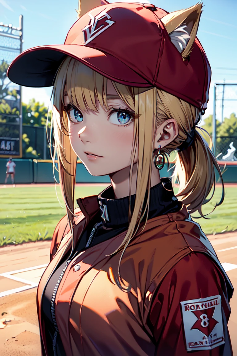 ((At the baseball field with the cat)),((Cat ears)), ((Sleeveless)),((Wine Red Baseball Cap)),((Wearing a wine red baseball uniform))、((Red jacket))、 Blonde Hair, 短めponytail, (Blonde Hair, short,ponytail), Pale blue eyes,Closed Mouth、Hoop Earrings, Jewelry,(Best Quality, 8k, Oil painting, Mastepiece:1.2), Super detailed, (Realism, It's photorealistic:1.37), (((Bust Shot))),